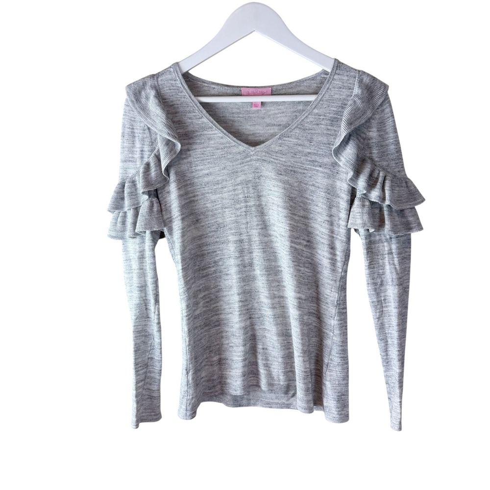 Lilly Pulitzer Heather Gray Ruffle Sleeve V Neck Long Sleeve Top XS‎